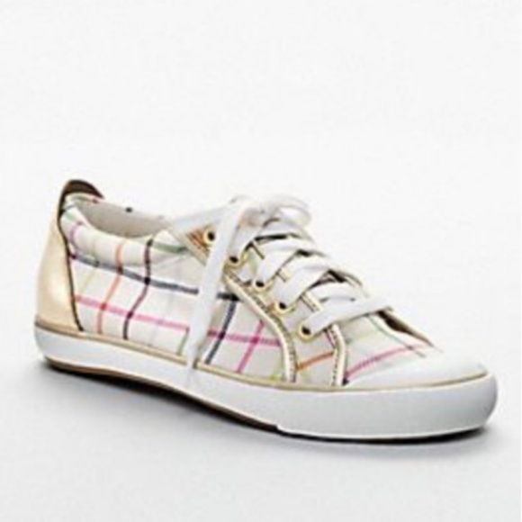 Coach Shoes - Coach Barrett Plaid Sneakers Gold Leather Trim 7.5
